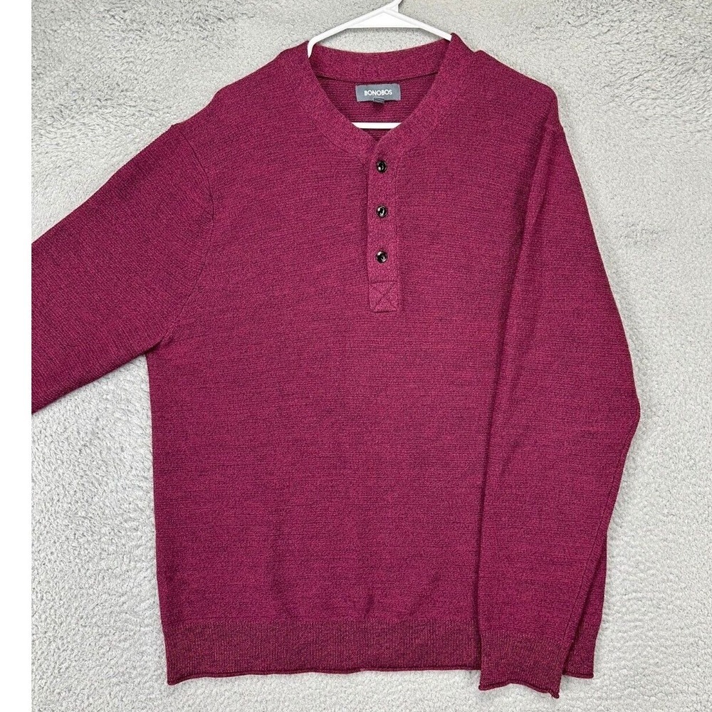 Bonobos Merino Wool Henley Sweater Adult XL Burgundy Purple Knit Slim Fit Mens
